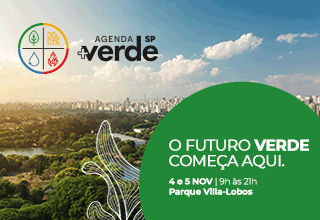 Banner do evento Agenda SP+Verde com a frase O futuro verde começa aqui. 4 e 5 de novembro, das 9h às 21h, no Parque Villa-Lobos.