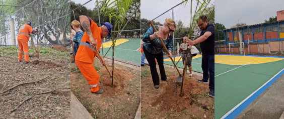 A imagem é composta por quatro fotos lado a lado mostrando ações de revitalização em uma praça. Na duas primeiras, dois rabalhadores com uniformes laranja plantam mudas de árvore perto de uma cerca. Naterceira , uma mulher e o subprefeito colaboram plantam juntos outra muda. Na quarta foto , vê-se uma quadra esportiva recém-pintada, com piso colorido em verde, amarelo e azul, e um muro ao fundo.