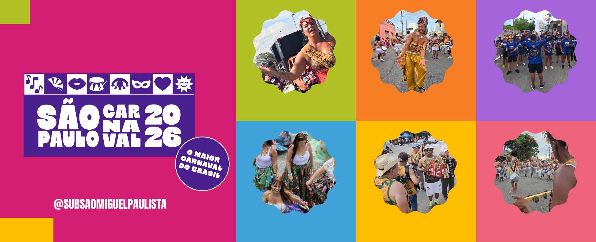 Banner vibrante do Carnaval de São Paulo 2026, com colagem de fotos de foliões e músicos em blocos de rua sobre fundos coloridos. À esquerda, destaca o texto da celebração e o selo