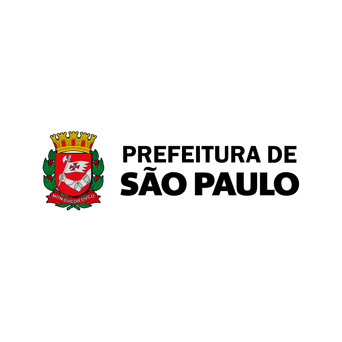 Logotipo da Prefeitura de São Paulo com o brasão da cidade à esquerda e o texto “PREFEITURA DE SÃO PAULO” em letras pretas à direita. O brasão traz o lema “Non ducor, duco” (“Não sou conduzido, conduzo”).