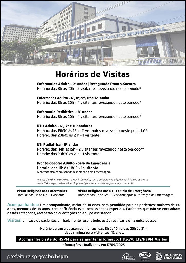 Cartaz com as informações sobre as visitas a pacientes. As informações que estão no cartaz também estão descritas nesta página.
