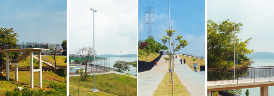 Montagem com quatro fotos de um parque à beira de um lago. Há passarelas elevadas, escadas, postes de iluminação, árvores e um caminho largo onde algumas pessoas caminham. O dia está claro, com céu azul e vegetação verde ao redor.