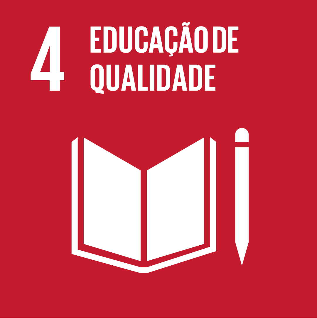 A imagem mostra o ícone da ODS 4 “educação de qualidade”, representada por um ícone vermelho, com o desenho branco de um caderno e uma caneta