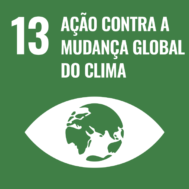 A imagem mostra o ícone da ODS 13 "Ação contra a Mudança Global do Clima", representada por um ícone verde escuro, com o desenho de um olho com o globo terrestre dentroA imagem mostra o ícone da ODS 13 "Ação contra a Mudança Global do Clima", representada por um ícone verde escuro, com o desenho de um olho com o globo terrestre dentro
