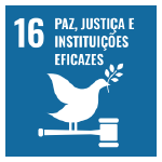 A imagem mostra o ícone da ODS 16 "paz, justiça e instituições eficazes", representada por um ícone azul escuro, com o desenho de uma pomba segurando um ramo em seu bico, em cima de um martelo de juiz.
