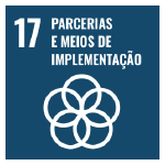 A imagem mostra o ícone da ODS 17 “parcerias e meios de implementação”, representada por um ícone azul escuro, com um símbolo composto por 5 círculos.