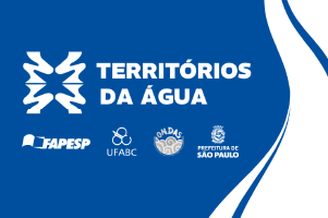 A imagem apresenta um fundo azul com elementos gráficos brancos em destaque. No centro, está escrito em letras brancas: 
