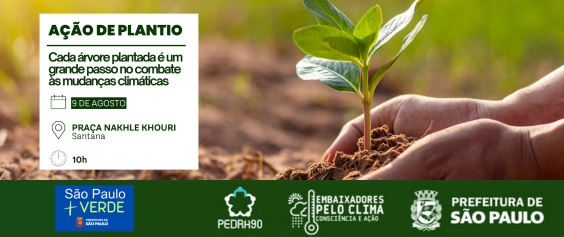 Uma foto que mostra um close de duas mãos plantando uma pequena muda em um solo. As mãos seguram a base da planta, que está coberta de terra solta. O fundo é desfocado, mostrando um campo verde iluminado pelo sol.  Na parte superior esquerda, um retângulo branco contém texto e ícones. O título é 