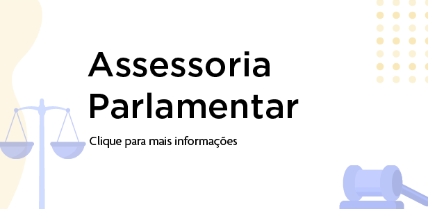 A imagem possui um fundo branco com elementos gráficos de balança e martelo jurídicos. Ao centro, um texto escrito 