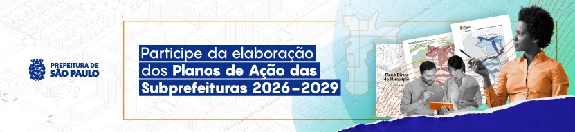 Banner horizontal com design moderno e institucional da Prefeitura de São Paulo.  Lado Esquerdo: Sobre um fundo branco com desenhos técnicos em linhas finas cinzas (estilo arquitetônico), destaca-se o logotipo da Prefeitura de São Paulo em azul escuro.  Centro: Em destaque, dentro de um retângulo de bordas laranjas finas, lê-se o texto em letras brancas sobre faixas azul-escuras: 