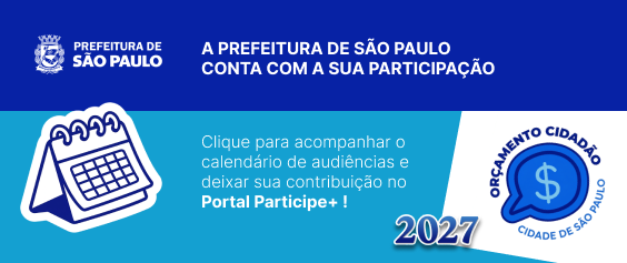 Descrição da imagem:  Banner retangular dividido horizontalmente em duas faixas principais.  Faixa Superior (Azul Escuro): No canto esquerdo, está o logotipo da Prefeitura de São Paulo em branco. À direita, centralizado, lê-se o texto em letras maiúsculas brancas: 